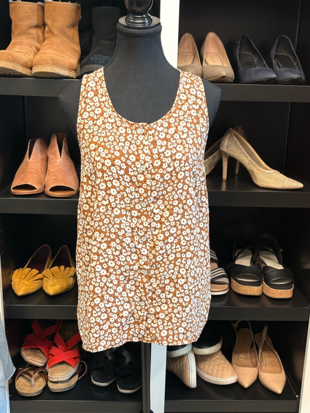 CAbi Camel/Caramel Floral Button-Front Tank Top